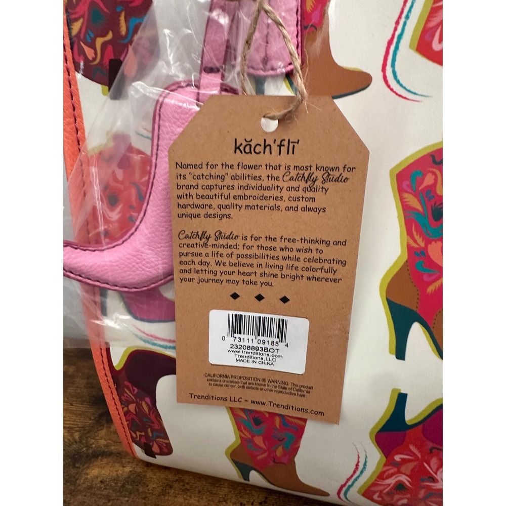 Catchfly Studio Western Cowboy Boot Print Tote Bag Pink Coral Leather Trim - Picture 2 of 3